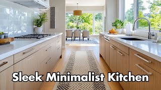 Cozy Accents in a Sleek Minimalist Kitchen with Neutral Tone Rugs for Inviting Decor