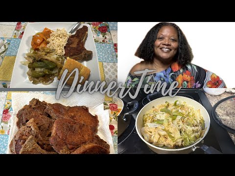 DinnerTime: Fried Pork Chops Fried Cabbage w/ Smothered Okra Rice Candied Yams and Sweet Cornbread