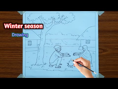 How to draw winter season | Winter season scenery drawing for beginners