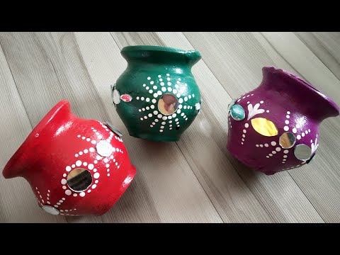 3 Pot Painting With Mirror | Small Pot Decoration for festival | POT PAINTING ❤️ For Beginners