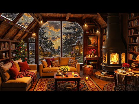 Soft Jazz in Cozy Wood Cabin Ambience on Winter Day❄️Warm Firelight,Rustic Charm & Snowy Forest View