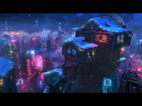 🎵 Frosty Escape above the Skyline: Snow and Ambient Music | Cyberpunk City Overlook | 4K | 10 hrs