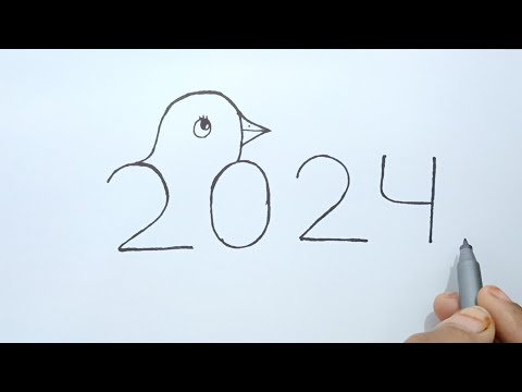 Love Birds Drawing Easy | How To Turn 2024 Into Cute Love Birds |Numbers Drawing 2024