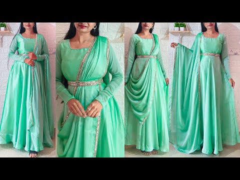 Designer party wear long dress cutting & stitching / Saree style/belt style dress cutting &stitching