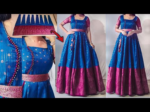 Anarkali dress Cutting and Stitching | Potli buttons neck design | convert saree into anarkali dress