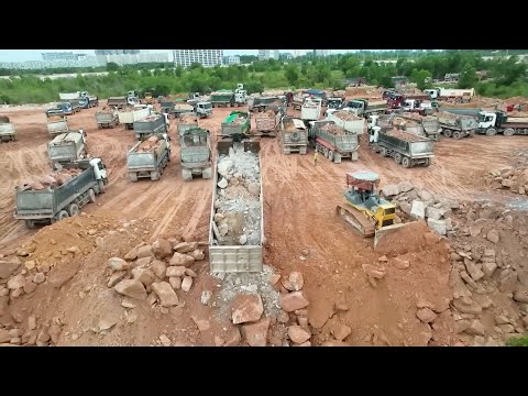 Huge Project Processing Bulldozer Pushing Rock Stone Ft Dump Truck Unloading Rock