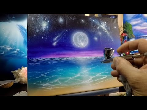 Airbrushing a emerald Seascape acrylic on canvas