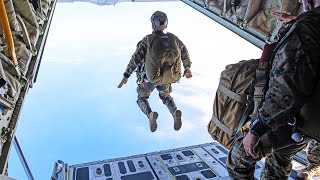 US Marines Paratroopers Jump from KC-130 Hercules and UH-1N Huey