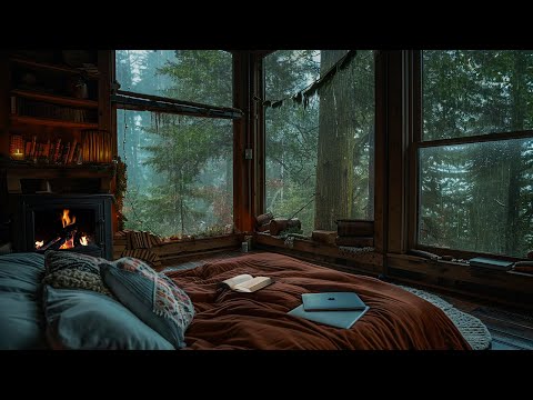 Chilling At Cozy Treehouse Bedroom | Soothing Rain and Fireplace for Sleeping, Relaxing, Healing