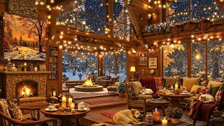 Cozy Winter Cabin ❄️Warm Firelight, Rustic Charm & Snowy Forest View ~ Relaxing Jazz for Peaceful