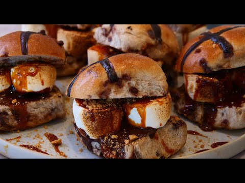 Choc Chip Hot Cross Bun S’mores with Caramel Sauce