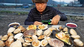 [조개구이]  숯불에 구운 각종 싱싱한 조개구이에 혼술 한 잔! (Charcoal grilled Clams & Soju) 요리&먹방!! - Mukbang eating show