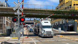 Truck Stops on Railroad Tracks as Train Approaches - Laurel Street Railroad Crossing, San Diego, CA