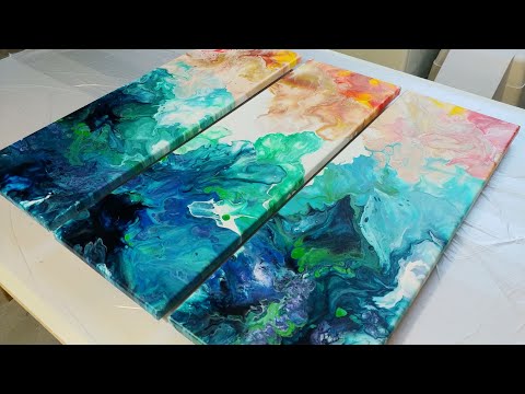 Acrylic pouring: Dutch pour 3 layer depths effect - beach inspired triptychon