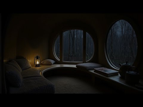 Relaxing small wooden house in middle of the forest - Heavy rain and cozy atmosphere, fell asleep