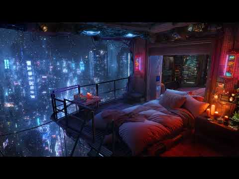 🎵 Serene Loft above the City: Snow and Ambient Music | Cyberpunk Balcony in a Skyrise | 4K | 10 hrs