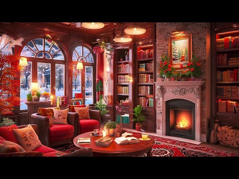 Cozy Morning At Coffee Shop Bookstore - Jazz Music With Fireplace Sound For Relax,  Work, Study