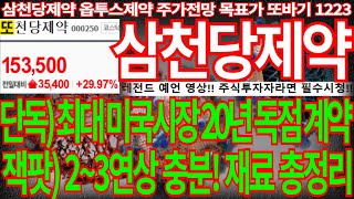 [삼천당제약] 단독) 최대 미국시장 20년 독점 계약 잭팟)2~3연상 충분! 재료 총정리 삼천당제약주가 삼천당제약주가전망 디에스경제뉴스 또바기