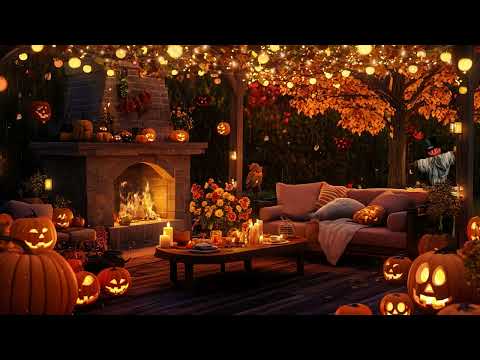 Stress-Free Autumn Porch Vibes 🍂 | Pumpkin Glow, Rain & Fireplace Sounds for Stress Relief 🎃