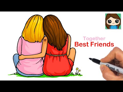 How to Draw Girl Best Friends Hugging and Sitting Together