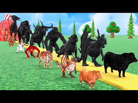 Paint Animals Cow,Tiger,Bull,Mammoth,Dragon Size Comparison Fountain Crossing Animal Transformation