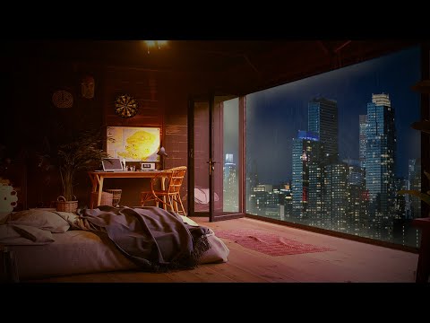 Winter Jazz Music in Cozy Bedroom with a View of the City Downtown in a Rainy Night