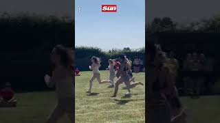 Hilarious moment mum faceplants and then moons at school sports day race #Shorts