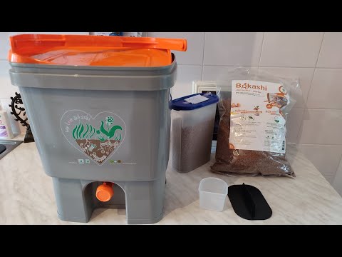 Bokashi: Turning food waste into great planting soil. Showing the bucket & Summary of how it works