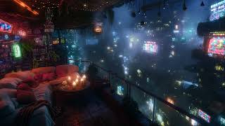 🎵 Cozy Cyberpunk Loft: Rain and Ambient Music | Cyberpunk Bedroom above the City | 4K | 10 hours