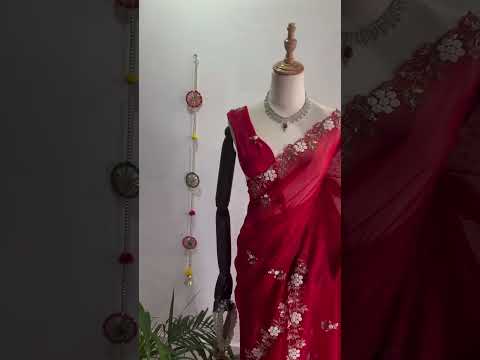 Pureorganza, beautiful golden handcrafted work allover saree & redsilk plain blouse @ 1699 freeship