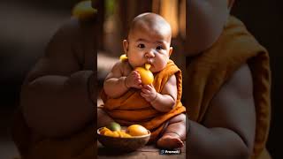 A cute baby monk eating a mango