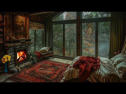 Rain and Fireplace Sounds for Sleeping, Relaxing 🔥Cozy Lakeside Room Ambience