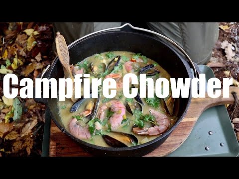 Campfire Cooking - Seafood Chowder Cooked in a Dutch Oven. Cooking in the Rain.