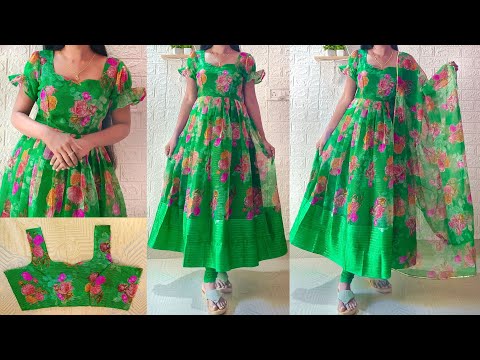 Convert saree into designer long dress/frock/gown | Puff sleeve kurti dress cutting & stitching