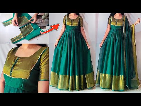 Convert saree into designer long dress/frock/gown | potli buttons long frock stitching Step by Step