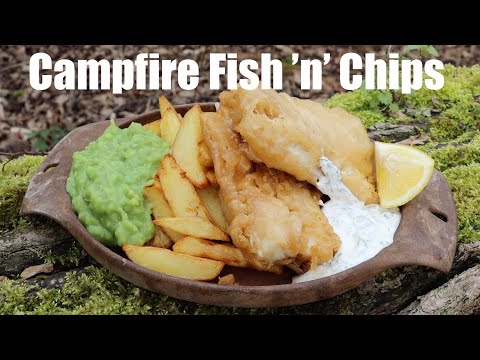 Beer Battered Fish and Chips Cooked on the Campfire.  Homemade Tartare Sauce.  Cast Iron Cooking.