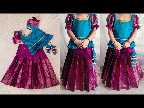 Traditional Baby Lehenga & Peplum Blouse Cutting and Stitching |pattu langa blouse for kids