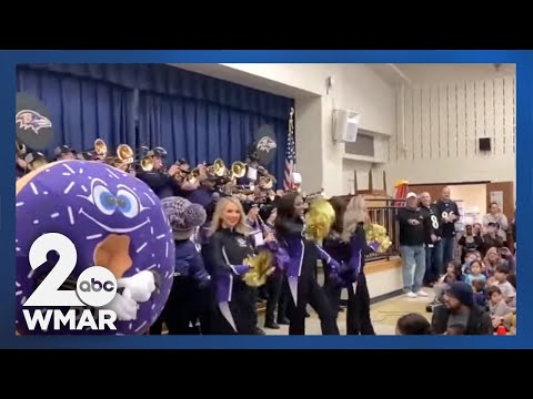 Ravens caravan holds Purple Friday Pep Rally at Bollman Bridge Elementary