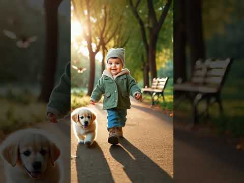 Cute baby and puppys