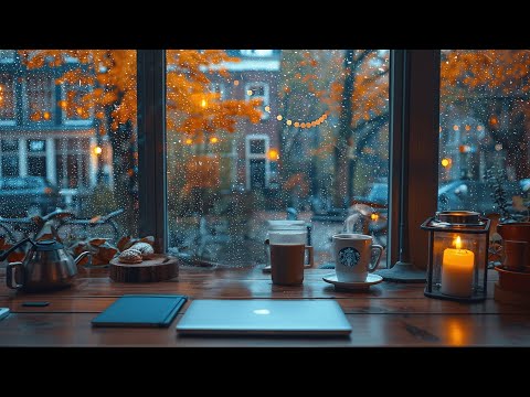 Cozy Up! Rainy Autumn Cafe Ambience 🍂☕️ Smooth Jazz Background Music & Rain Sounds for Relax, Study