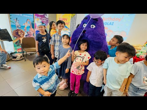 Attending birthday party with the kiddos at Mc Donalds. With Grimace mascot