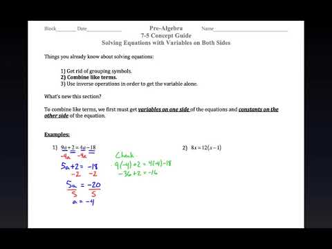 Pre-Algebra 7-5 Concept Guide: Solving Equations with Variables on Both Sides