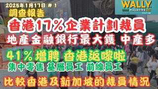 香港17%企業計劃裁員，集中金融地產業，中產最受影響！41%企業考慮増聘，零售、基層、財富管理前線為主，就業講級降級與基層招聘困難！