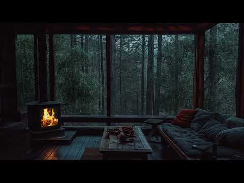 Cozy Room with Forest View: Relaxing Rain Sounds and Fireplace for Sleeping