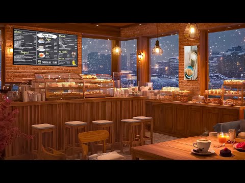 Snowfall On Window In Coffee Shop With Relaxing Jazz Music for Relax, Work, Study - Smooth Cafe Jazz