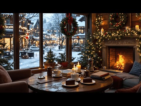 Cozy Winter Coffee Shop Ambience with Warm Jazz Music & Crackling Fireplace to Relaxing, Work, Study