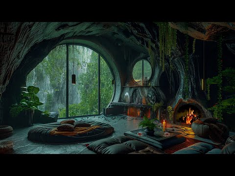 Hide In The Forest Cave When Its Rain⛈️Relax with Soothing Rain and Fireplace sounds To Sleep, Rest