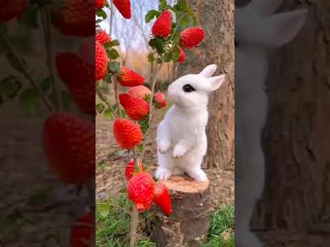 Cute rabbit 🐇 eating strawberries with duckling#shorts#viral#cute💕#cutepets