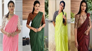 Latest Pretty  New Plain Saree Designs||Stylish Plain Saree With Printed  Blouse Ideas