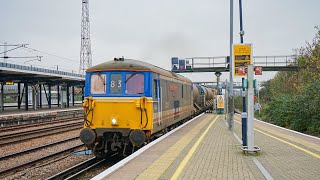 Class 69001 + 008 working 3w74 and 73128 + 136 working 3R83 with newly bogied RHTT wagons